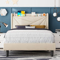 Feonase Twin Size Bed Frame with Charging Station, Upholstered Linen Bedframe with Wingback Headboard, Solid Wood Slats Support, No Box Spring Needed, Noise Free, Beige
