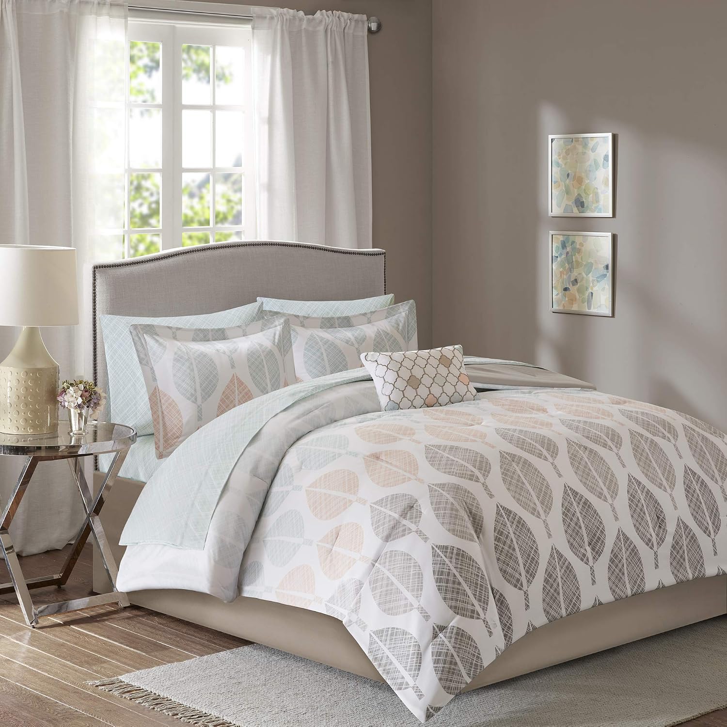 Madison Park Essentials Central Park Bed in a Bag Comforter, Vibrant Color Design All Season Down Alternative Cover with Complete Cotton Sheet Set, Queen(90'x90'), Leaf Coral/Green