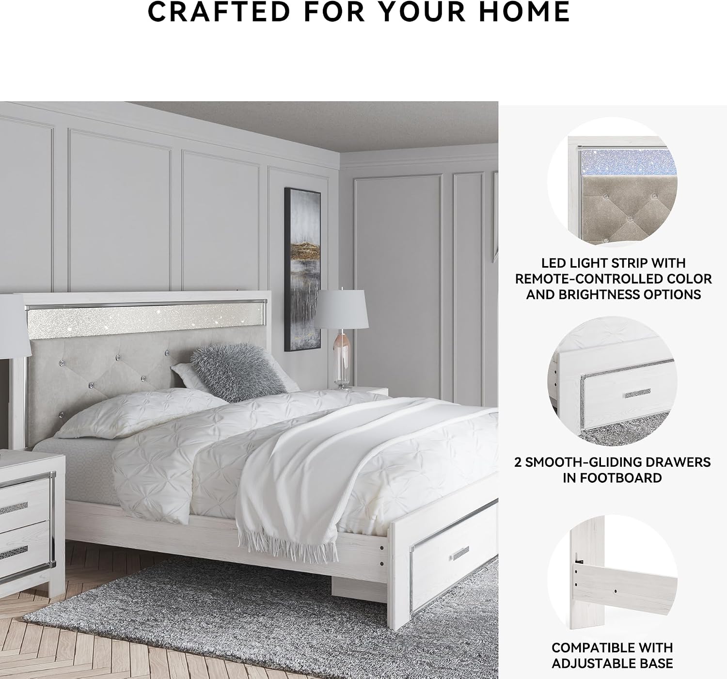 Signature Design by Ashley Altyra Contemporary Adjustable Tufted King Upholstered Storage Platform Bed with LED Lights and 2 Drawers, Foundation or Box Spring Not Needed, White & Gray