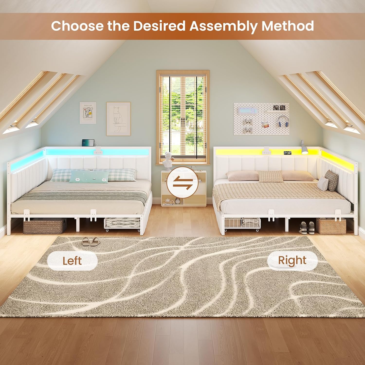 Hasuit Queen Corner Bed Frame with Storage Drawers, Queen Size Daybed with Line Fabric Upholstered Fence, Kids Bed Unit with LED Light and Charging Station, Modern Bed Frame Queenl Size, Beige