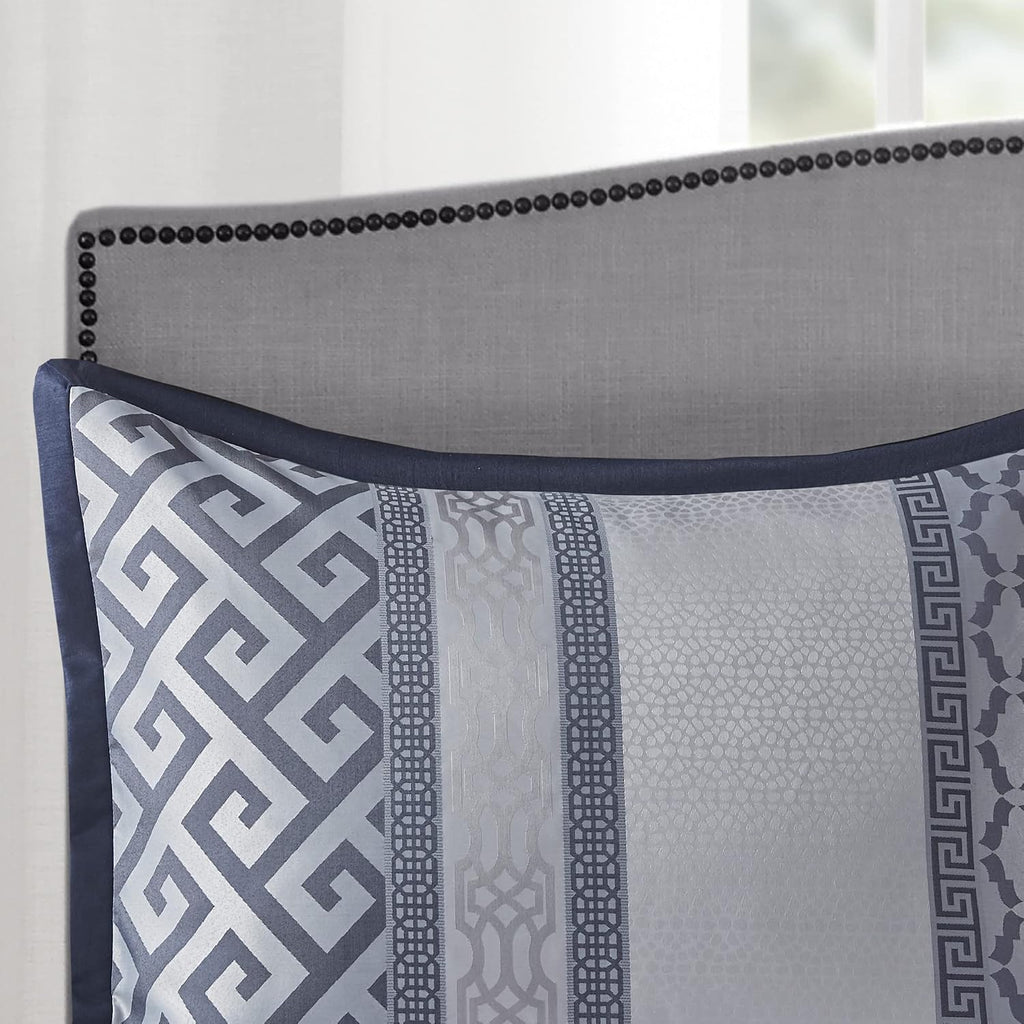 Madison Park Luxury Comforter Set-Traditional Jacquard Design All Season Down Alternative Bedding, Matching Bedskirt, Decorative Pillows, King(104'x92'), Bennett, Geometric Navy 7 Piece