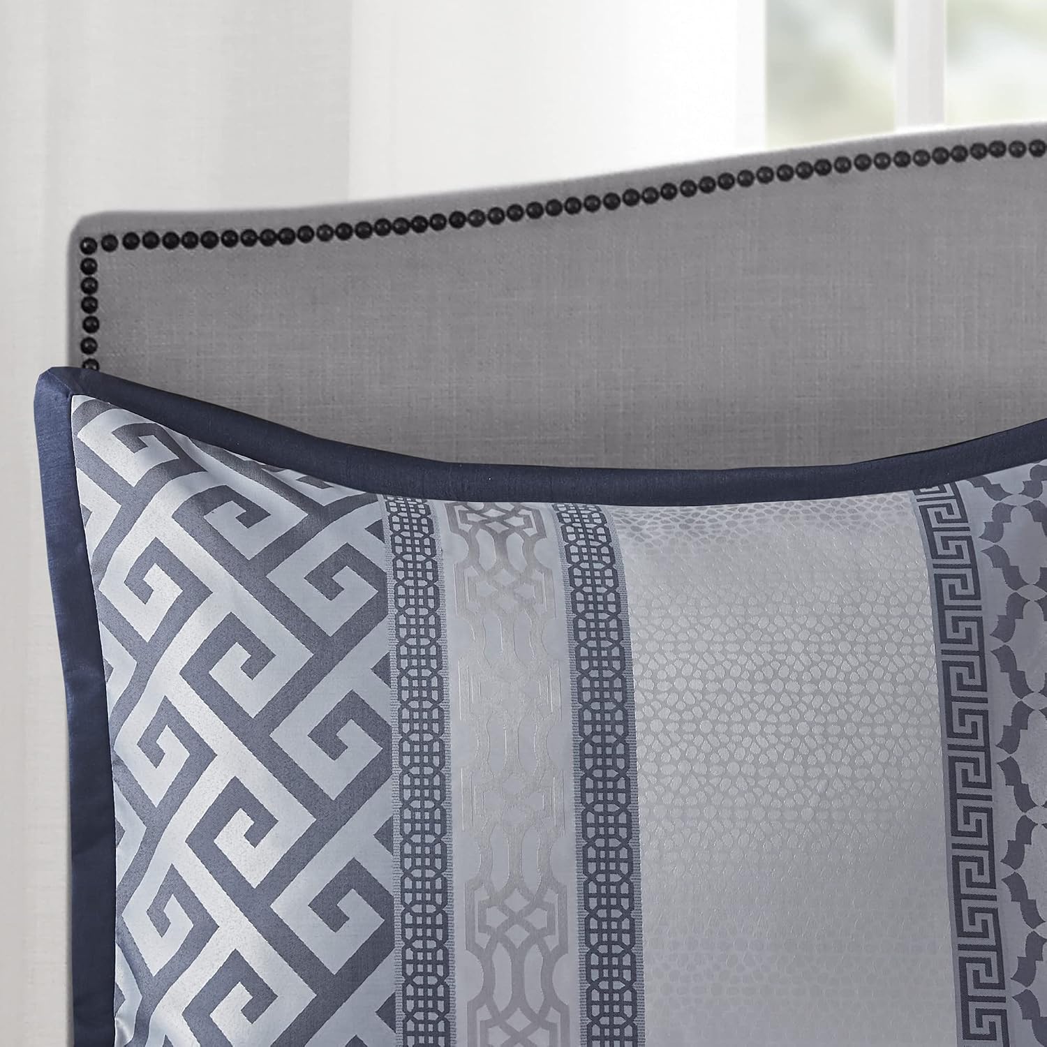 Madison Park Luxury Comforter Set-Traditional Jacquard Design All Season Down Alternative Bedding, Matching Bedskirt, Decorative Pillows, King(104'x92'), Bennett, Geometric Navy 7 Piece
