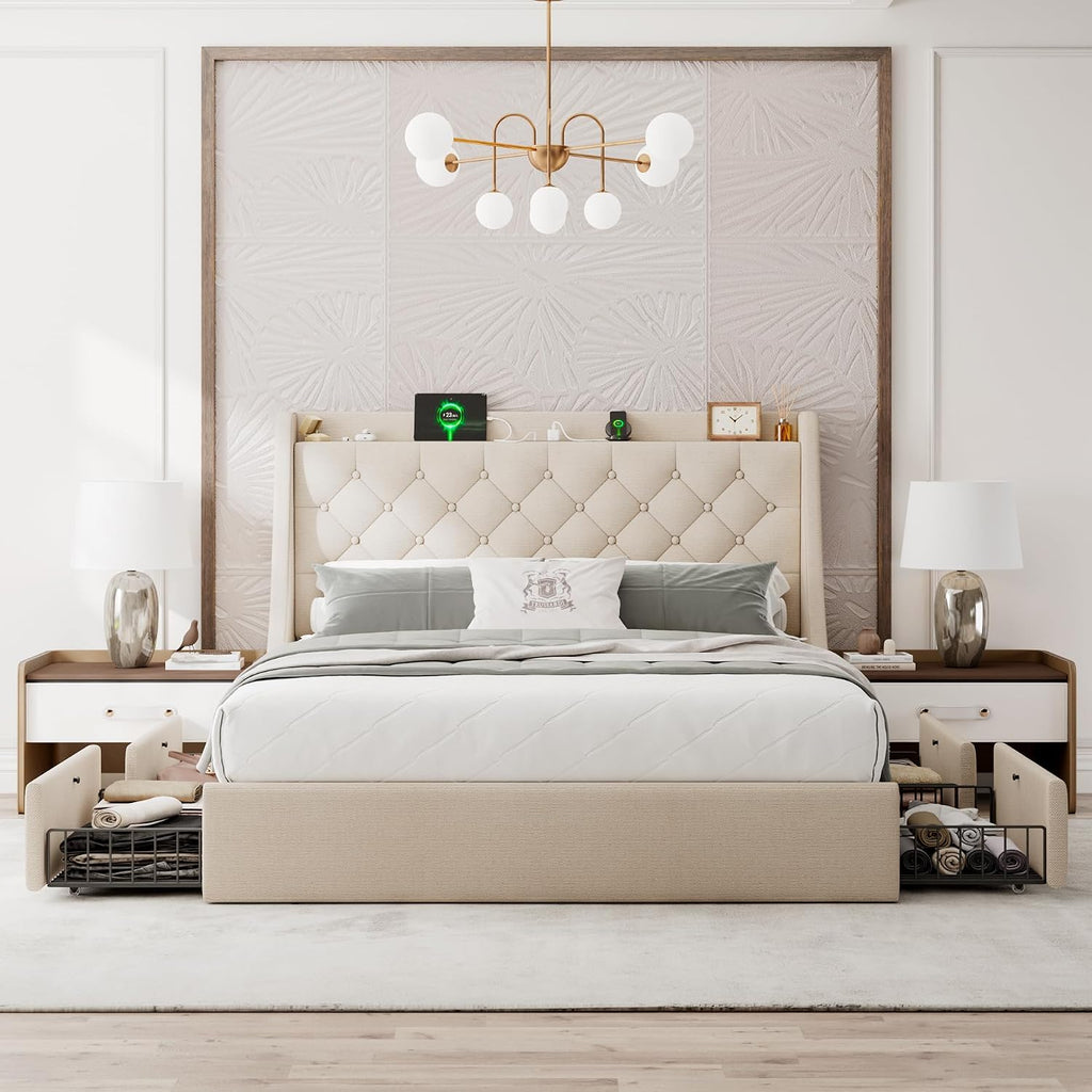 Einhomn Upholstered Full Size Bed Frame with 4 Storage Drawers, Platform Bed with Wingback Headboard, Charging Station, No Box Spring Needed, Beige