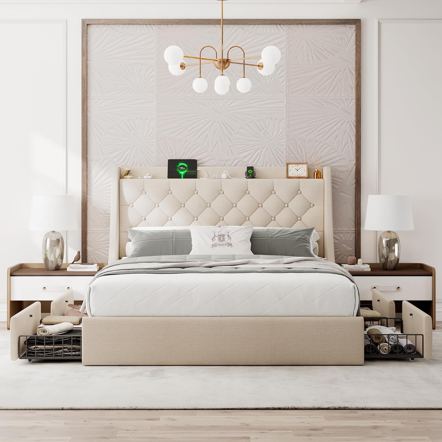 Einhomn Upholstered Full Size Bed Frame with 4 Storage Drawers, Platform Bed with Wingback Headboard, Charging Station, No Box Spring Needed, Beige