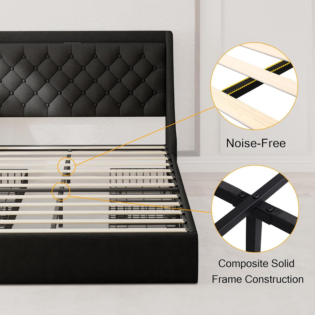 Einhomn Upholstered Full Size Bed Frame with 4 Storage Drawers, Platform Bed with Large Wingback Headboard, Charging Station, No Box Spring Needed, Easy Assembly, Black