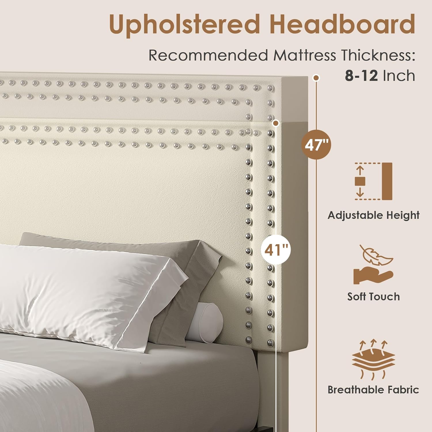 VECELO King Size Upholstered Bed Frame with 4 Storage Drawers, Adjustable Velvet Rivet Decor Headboard, Wooden Slats Platform Support, No Box Spring Needed, Easy Assembly,Beige