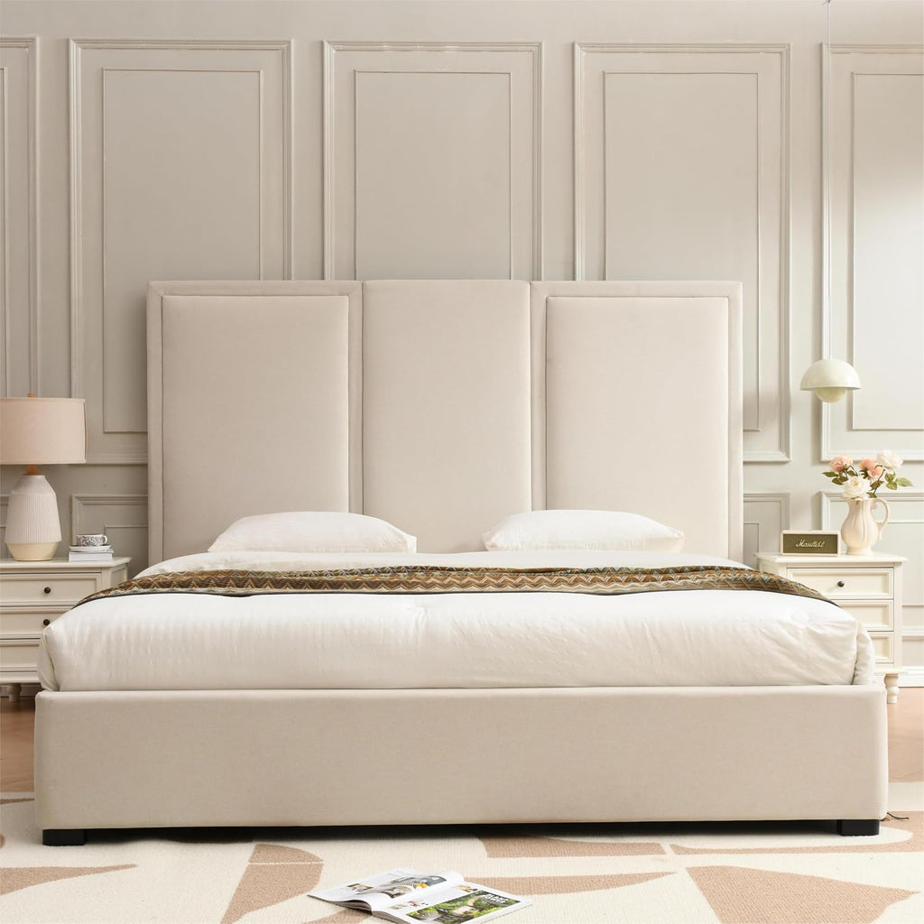 YUHUASHI King Size Bed Frame with 64-inch High Headboard, Simple and Airy Linen Upholstered Platform Bed with Storage Drawers, Wood Slat, No Noise (Beige, King)