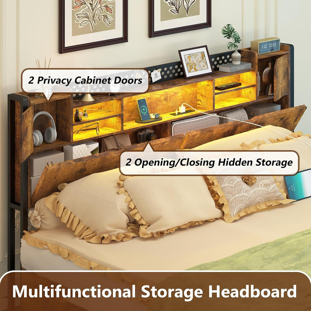 CSZZD King Size Bed Frame with Storage Drawers and Bookcase Headboard, Wooden Platform King Bed with LED Lights and Charging Station, Hidden Storage, No Box Spring Needed/Noise Free, Vintage Brown
