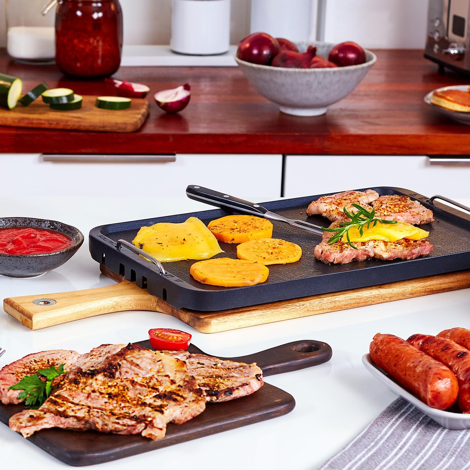 CUSIMAX Smokeless Indoor Grill with Tempered Glass Lid & 14.96' x 8.66' Aluminum Non-stick Stove Top Griddle Pan & 2 in 1 Raclette Table Grill