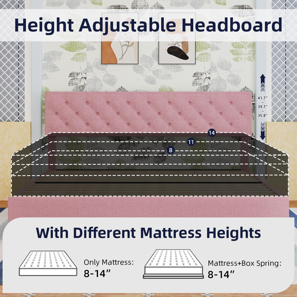 BarnFurin King Size Platform Bed Frame, Fabric Upholstered Bed with Button Tufted Headboard, Adjustable Headboard Design, Easy Assembly, No Box Spring Required, Pink