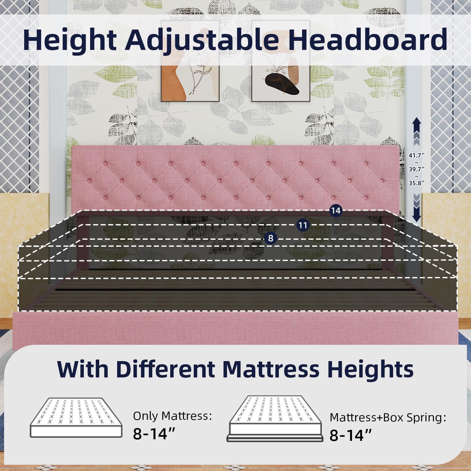 BarnFurin King Size Platform Bed Frame, Fabric Upholstered Bed with Button Tufted Headboard, Adjustable Headboard Design, Easy Assembly, No Box Spring Required, Pink