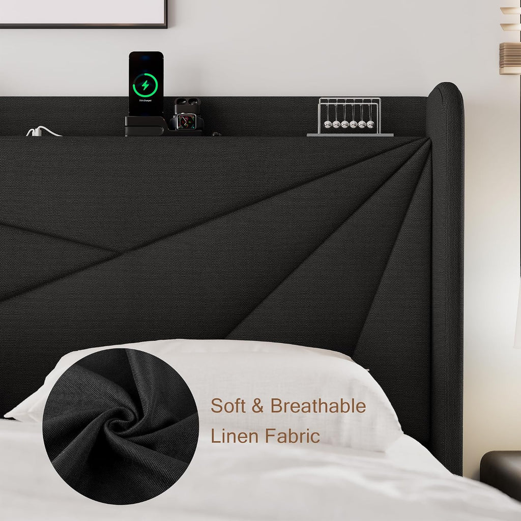 Einhomn Full Size Upholstered Bed Frame with Charging Station, Platform Bed Frame with Storage Headboard, Solid Wood Slats Support, No Box Spring Needed,Black
