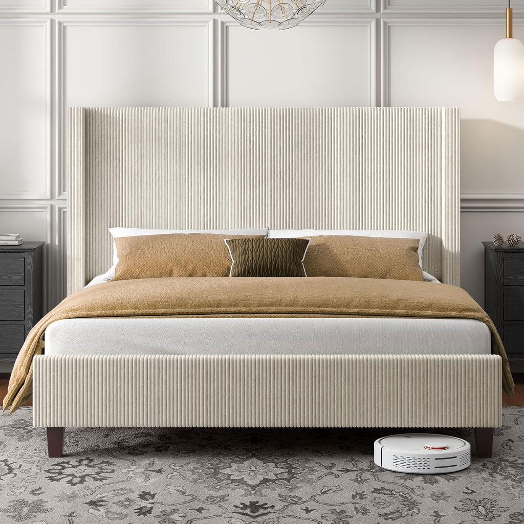 HOWE King Size Bed Frame with 50.8' Tall Wingback Headboard, Modern Corduroy Upholstered Platform Bed Frame with Solid Wood Slats & Legs, No Box Spring Needed, Noise-Reducing Design, Cream