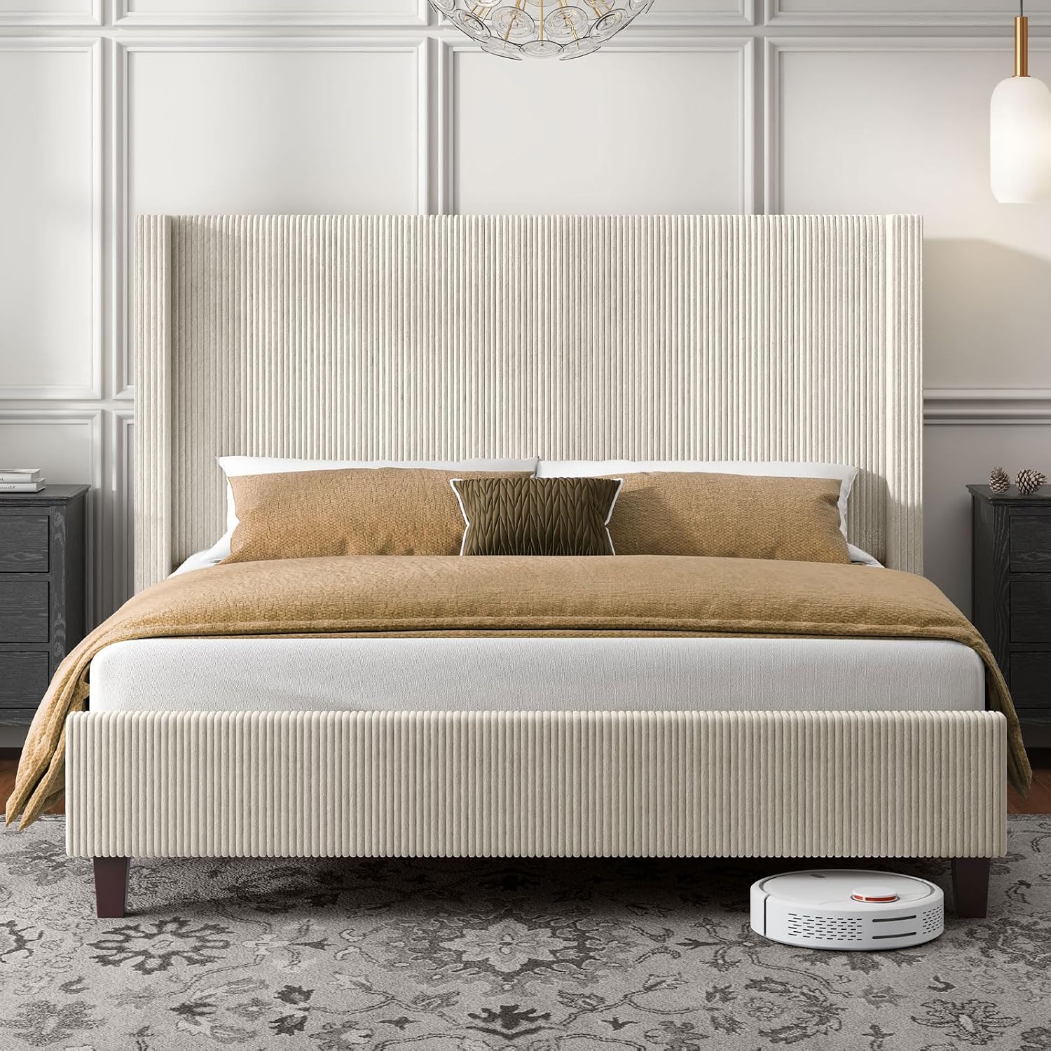 HOWE King Size Bed Frame with 50.8' Tall Wingback Headboard, Modern Corduroy Upholstered Platform Bed Frame with Solid Wood Slats & Legs, No Box Spring Needed, Noise-Reducing Design, Cream