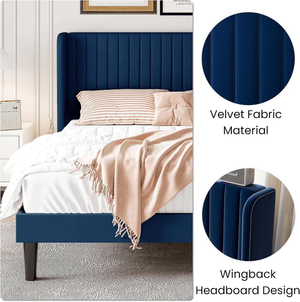 SHA CERLIN Full Size Velvet Bed Frame with Vertical Channel Tufted Wingback Headboard, Upholstered Platform Bed with Wood Slats, No Box Spring Needed, Easy Assembly, Blue