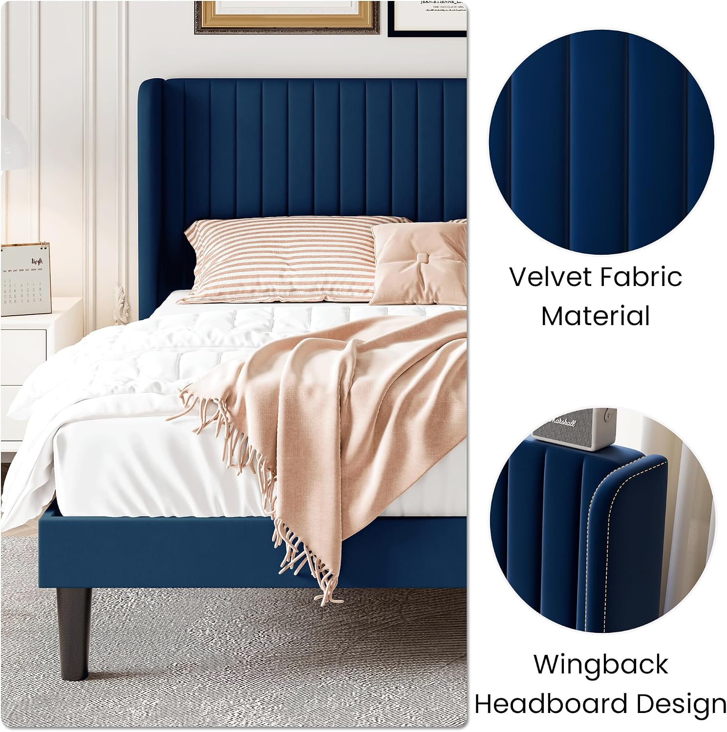 SHA CERLIN Full Size Velvet Bed Frame with Vertical Channel Tufted Wingback Headboard, Upholstered Platform Bed with Wood Slats, No Box Spring Needed, Easy Assembly, Blue