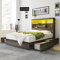 AMERLIFE Queen Size Bed Frame Wooden Platform Bed with 51.2' LED Storage Bookcase Headboard, 4 Storage Drawers & Charging Station/No Box Spring Needed/Noise Free/Rustic Grey