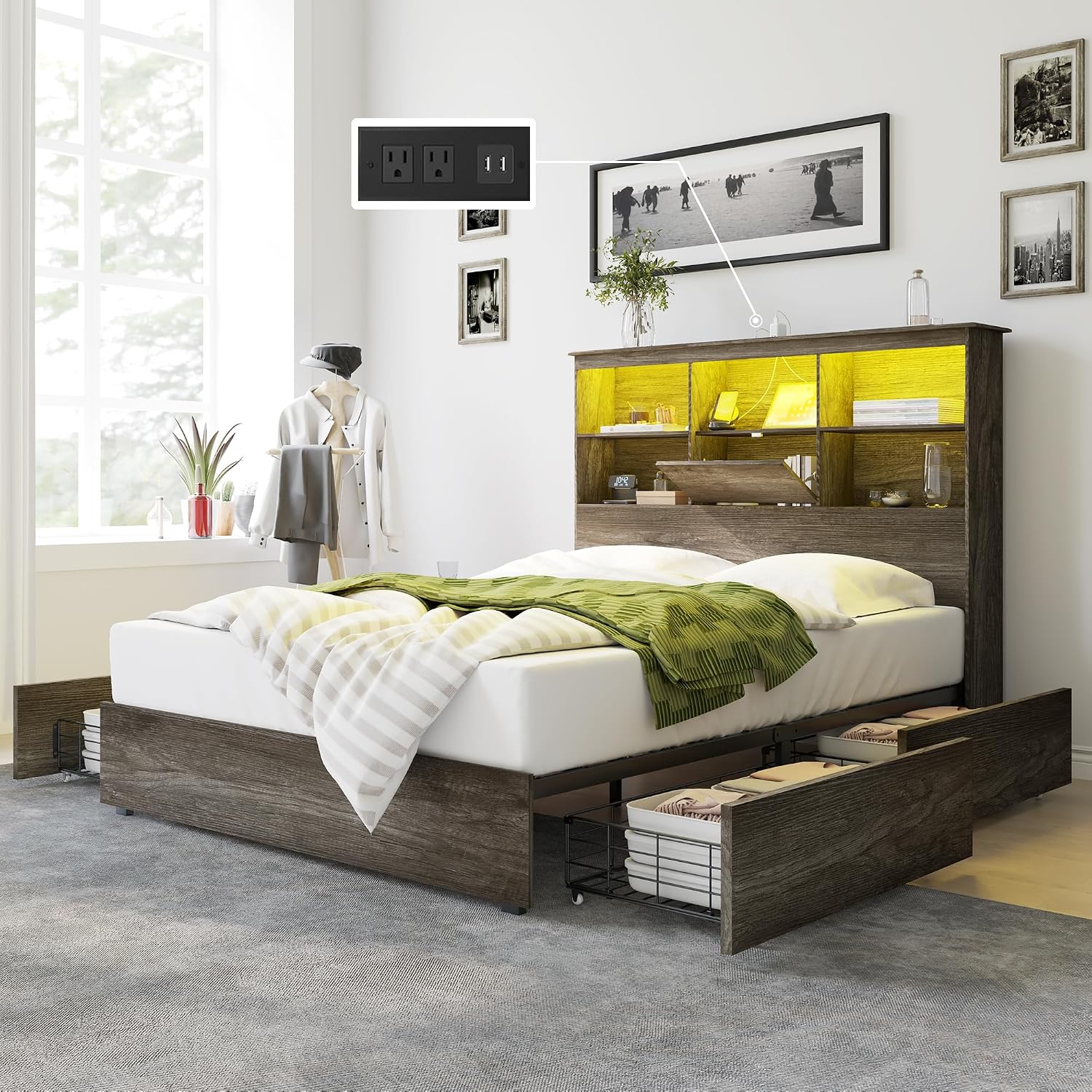 AMERLIFE Queen Size Bed Frame Wooden Platform Bed with 51.2' LED Storage Bookcase Headboard, 4 Storage Drawers & Charging Station/No Box Spring Needed/Noise Free/Rustic Grey