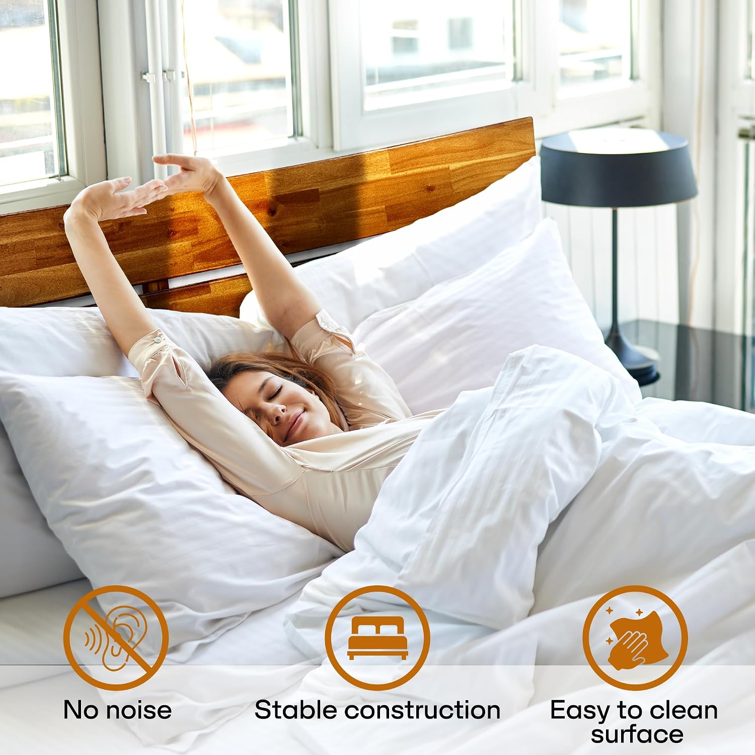 Acacia Aurora Wooden Bed with Headboard, King Size Bed Frame, 800lbs Capacity Wood Bed Compatible with All Mattress Types, Non-Slip & Noise-Free, Wood Slats Support, Easy Assembly, Walnut