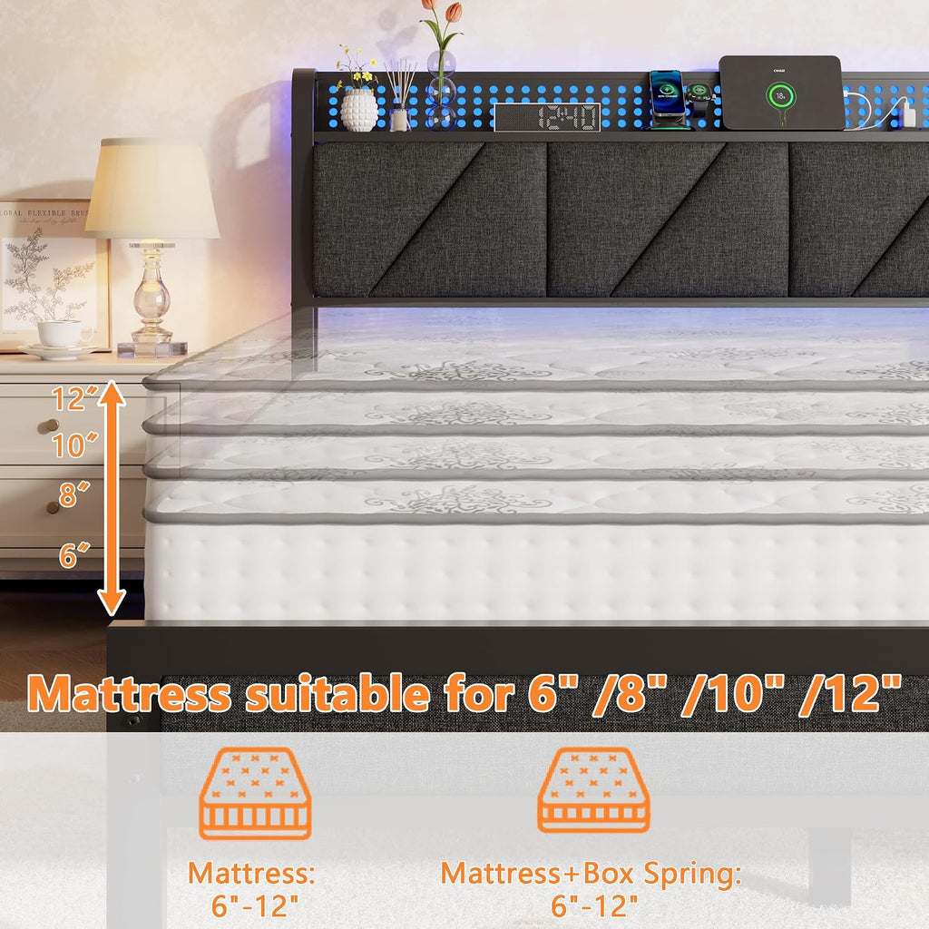 Furnulem King Size Bed Frame with Headboard, LED Light and Charging Station, Metal Platform Bed with Heavy Duty Slats, No Box Spring Needed, Noise Free & Easy Assembly