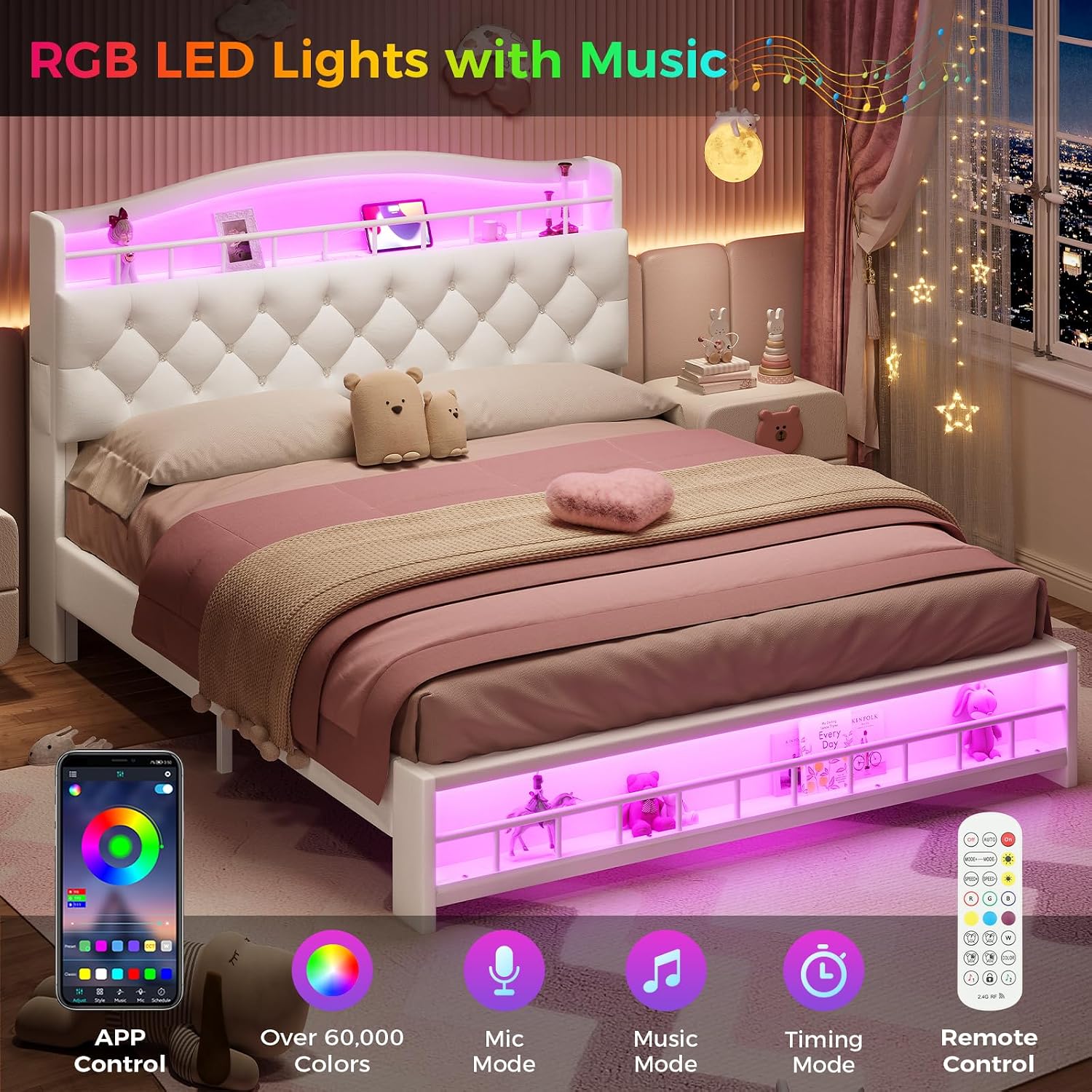 BTHFST Full Size Upholstered Girl Bed with LED Lights & Charging Station, Princess Platform Bed with Hidden Storage Headboard, No Box Spring Needed/Easy Assembly, Beige