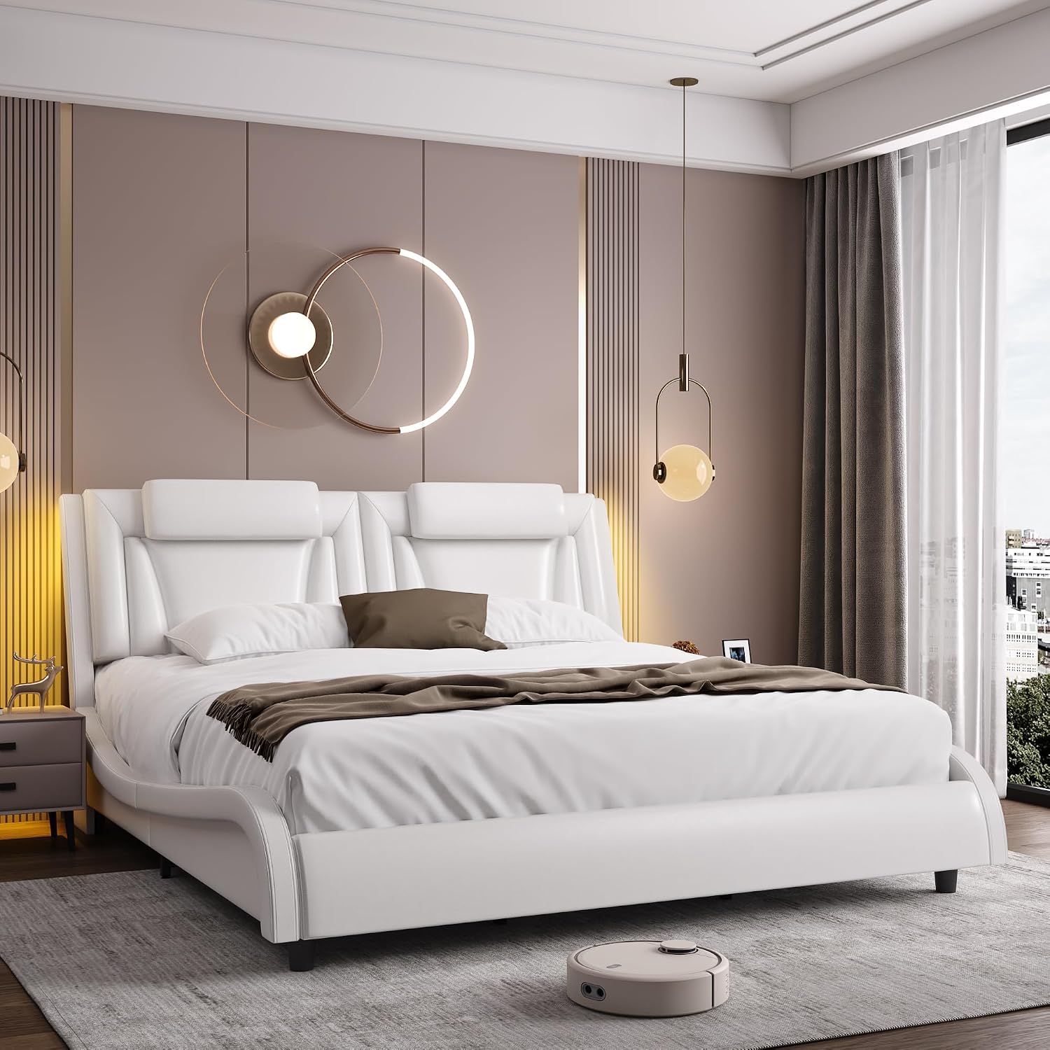Keyluv Queen Size LED Bed Frame with Adjustable Headboard & Removable Pillow, PU Leather Upholstered Platform Bed, Wave-Like Curve Safety Design, Solid Wooden Slats Support, Easy Assembly, White