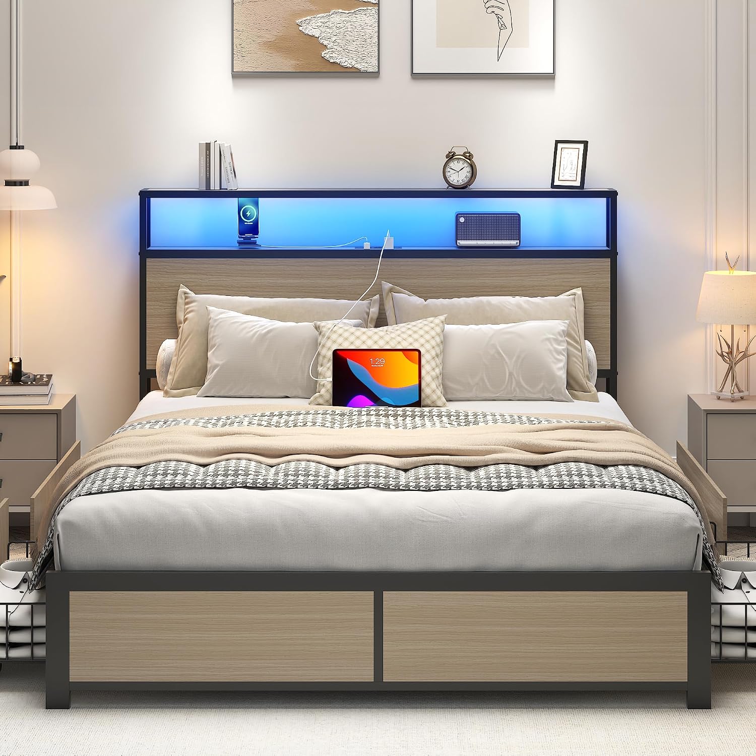 Lifezone Full Bed Frame with 2-Tier Storage Headboard, Metal Platform Bed Frame with 4 Storage Drawers, Built in Charging Station & LED, Noise-Free/Metal Support/No Box Spring Needed, Beige