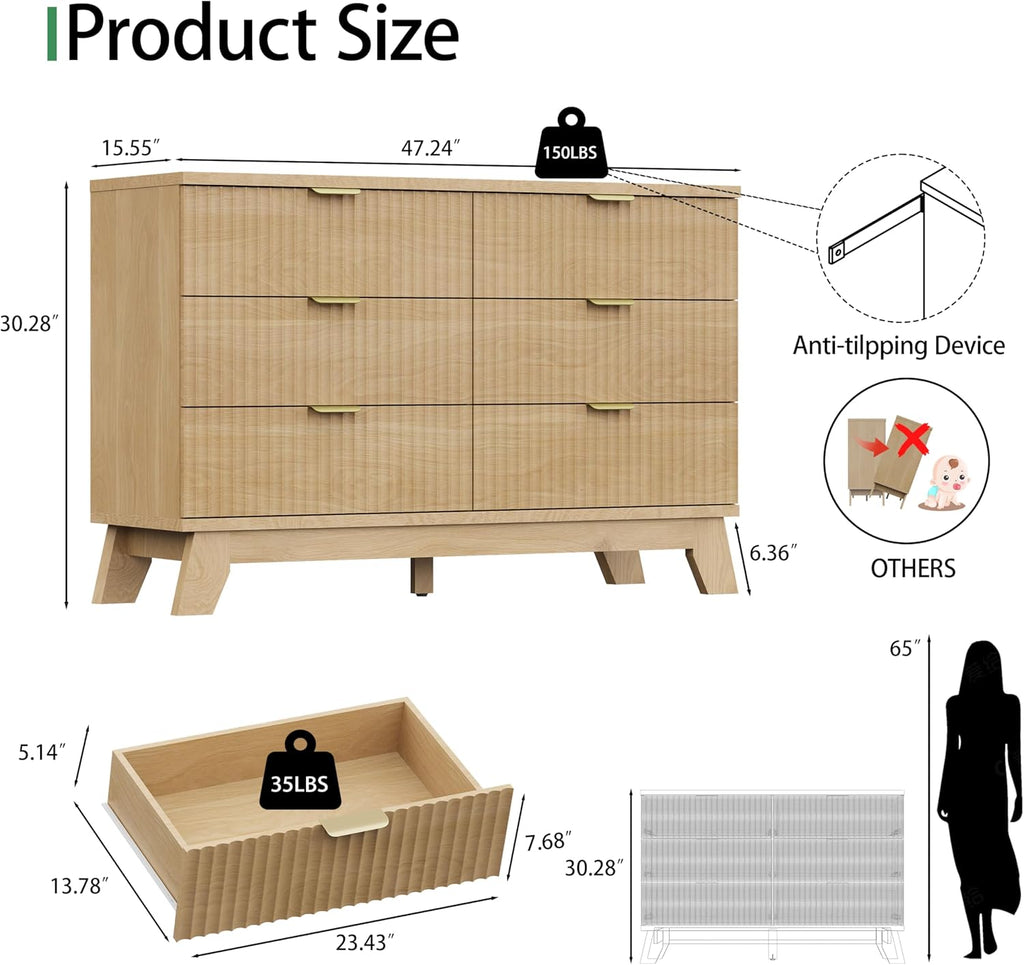 Fluted Dresser for Bedroom with 6 Drawers, 48' Wide Modern Chest of Drawers with Metal Handle, Wooden Dresser TV Stand, Wood Closet Clothes Storage Organizer for Living Room, Hallway, Natural Oak