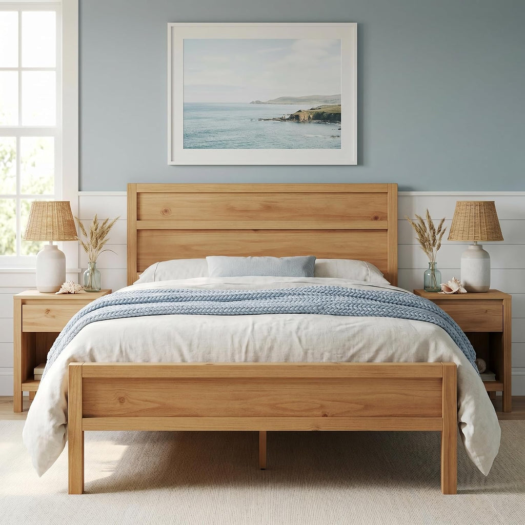 ComfIQ Solid Wood Platform Bed with Wooden Slats – Durable Frame, No Box Spring Required, Ample Underbed Storage, Pine, Queen, Bed and Clean-Line Headboard