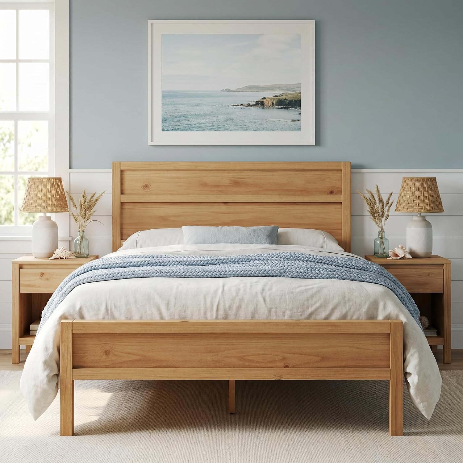 ComfIQ Solid Wood Platform Bed with Wooden Slats – Durable Frame, No Box Spring Required, Ample Underbed Storage, Pine, Queen, Bed and Clean-Line Headboard