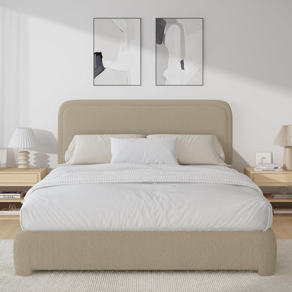 BarnFurin Full Size Bed Frame,Cloud Boucle Upholstered Platform Bed Frame with Headboard, Soft Rounded Corners, No Box Spring Required, Non-Slip and Noise-Free, Easy Assembly, Beige