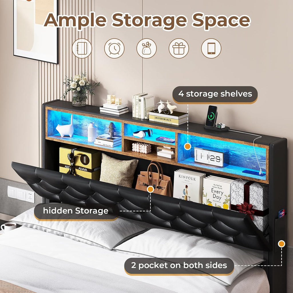 HAUOMS Full Bed Frame with 3-Tier Headboard & Hidden Storage, Upholstered LED Bed with 4 Drawers and Charging Station,Platform Metal Bed Frame with Storage, No Box Spring Needed, PU Black