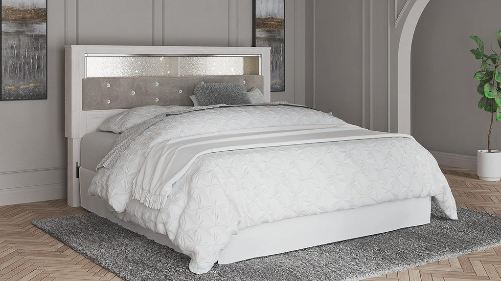 Signature Design by Ashley Altyra Modern Glam Upholstered Panel Bookcase Headboard, King, White