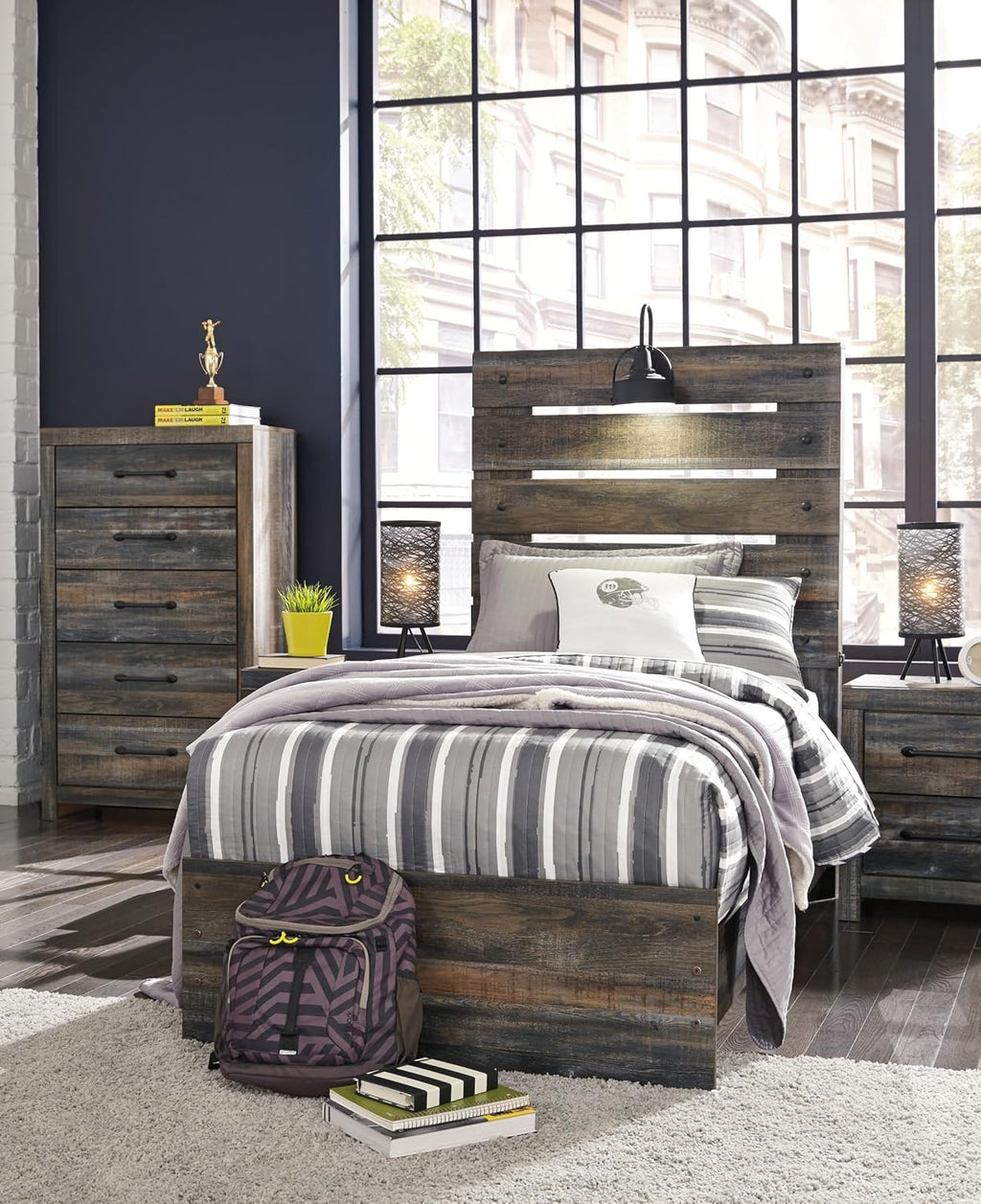 Signature Design by Ashley Drystan Rustic Twin Panel Bed with Sconce LED Lights, USB Ports and Nailheads, Foundation or Box Spring Needed, Dark Brown & Gray