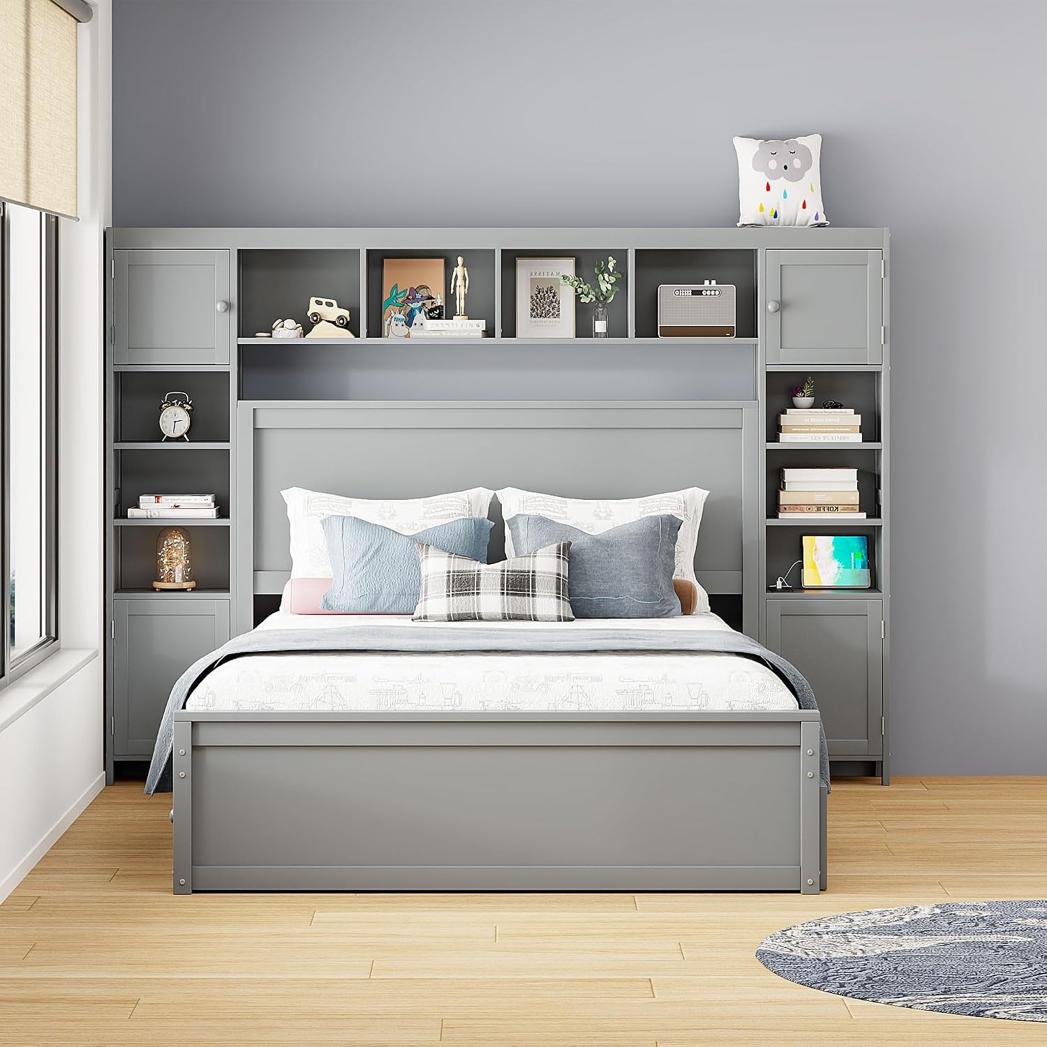 Harper & Bright Designs Queen Size Platform Bed with Trundle and Drawers, Queen Platform Bed Frame with Storage Headboard, Solid Wood Bed Frame with Bookcase and Cabinet, No Box Spring Needed (Gray)