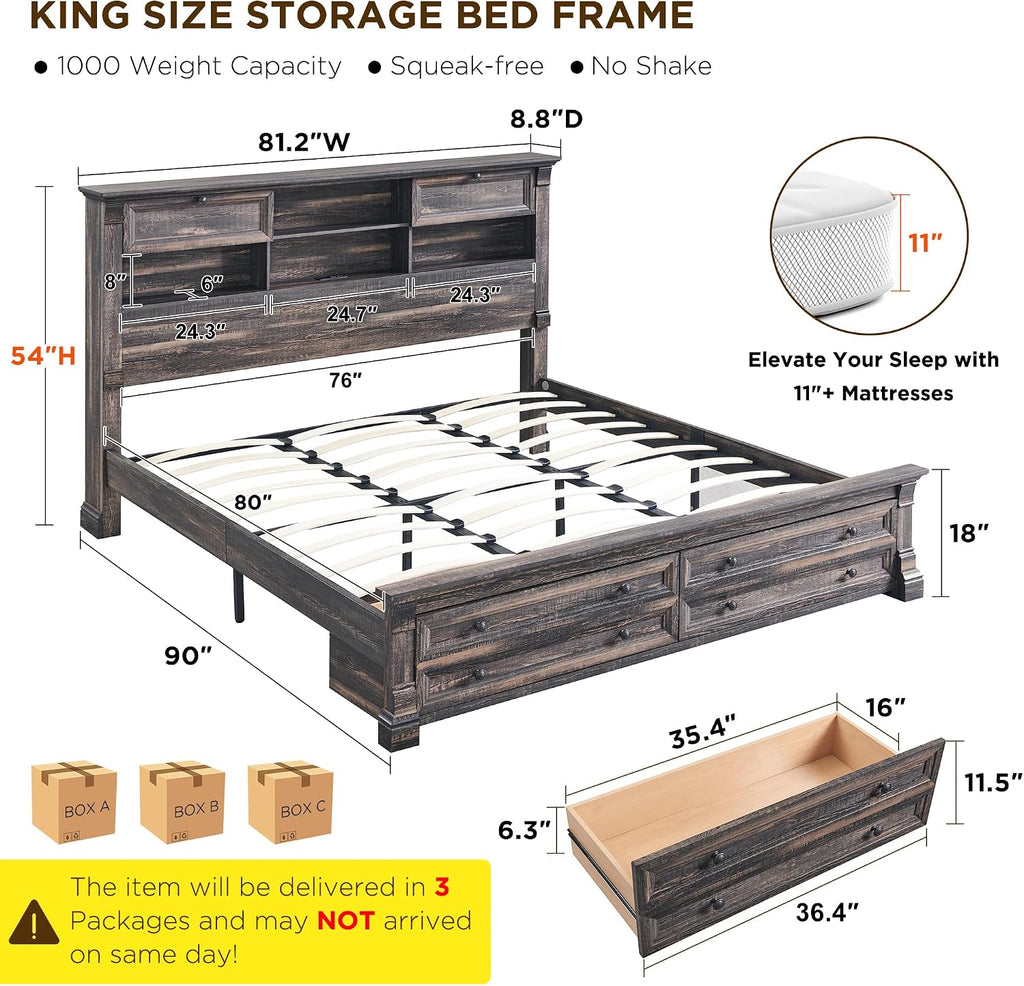 Farmhouse King Size Bed Frame with 54' Tall Storage Bookcase Headboard, Wood Platform Bed Frame with 18' Tall Roman Column Decoration Footboard & 2 Drawers, No Box Spring Needed(Dark Rustic Oak)