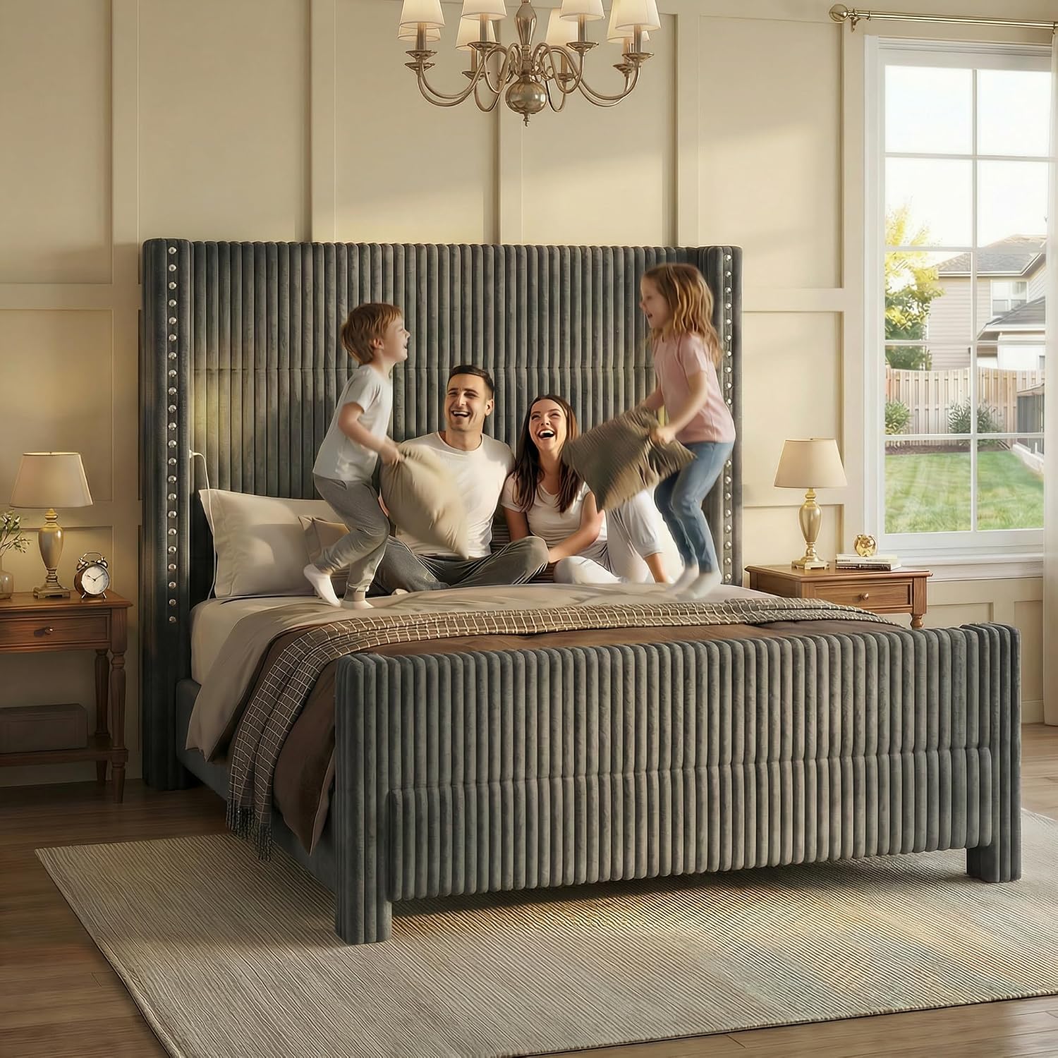 Queen Bed Frame with 56.7' Tall Wingback Headboard & Reading Lights, Corduroy Upholstered Platform Bed and Charging Station, Modern Luxury Design, Noise Free, No Box Spring Needed, Grey