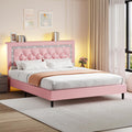 BarnFurin Queen Bed Frame with Storage Headboard, Bed Frame Queen Size with Diamond Tufted Headboard and LED Lights, Wooden Slats Support, Noise Free, No Box Spring Needed, Easy Assembly, Pink