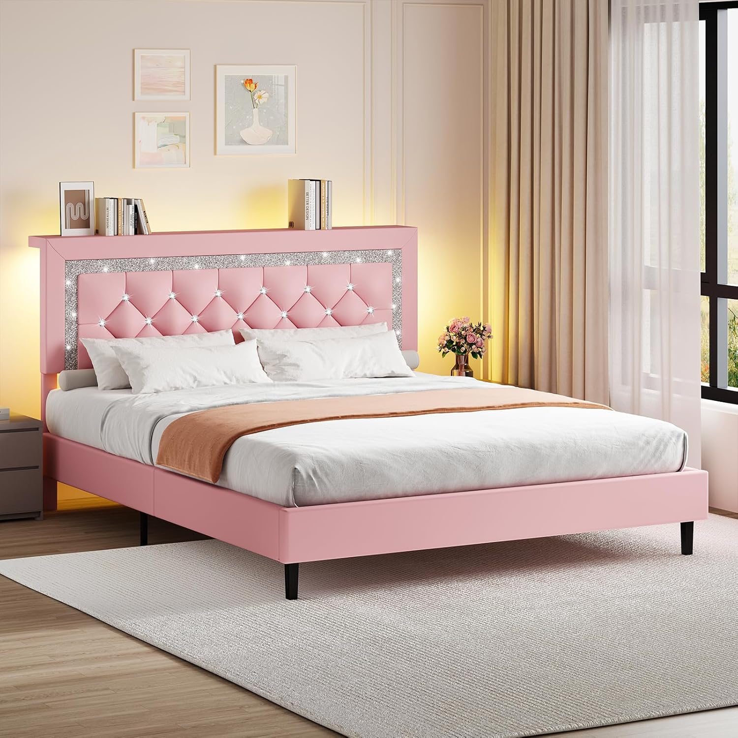 BarnFurin Queen Bed Frame with Storage Headboard, Bed Frame Queen Size with Diamond Tufted Headboard and LED Lights, Wooden Slats Support, Noise Free, No Box Spring Needed, Easy Assembly, Pink
