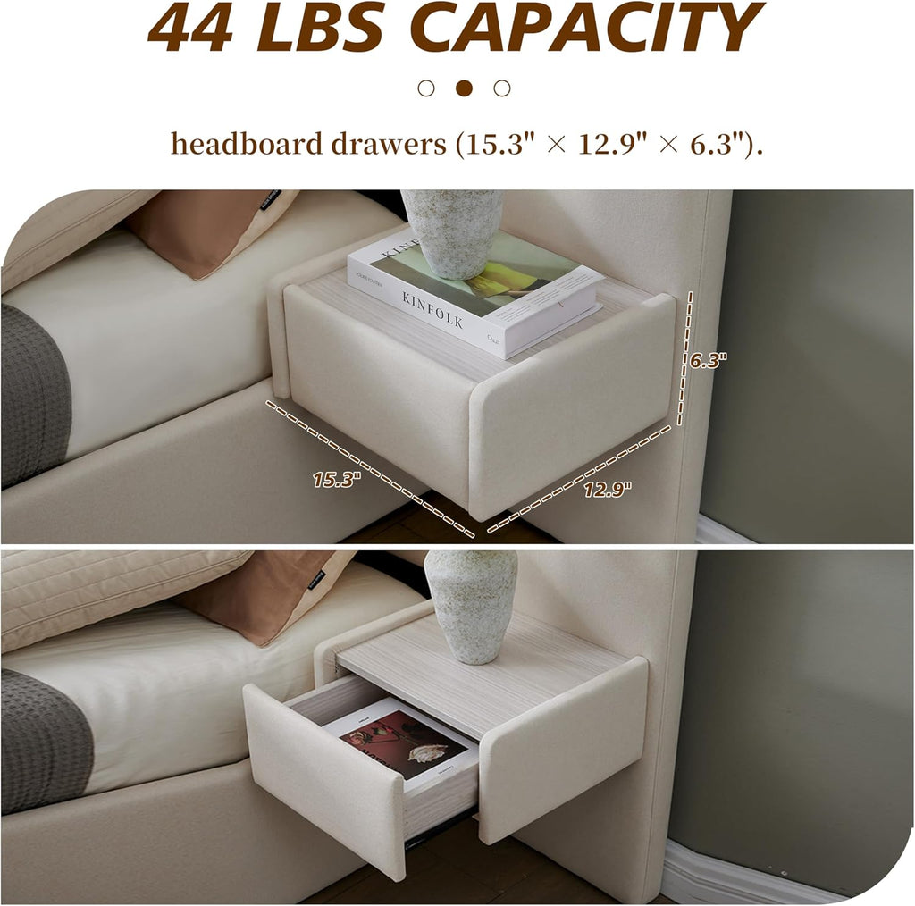 King Size Upholstered Platform Bed Frame with Lift-Up Storage, Velvet Headboard & Built-in Nightstands, No Box Spring Needed, Beige
