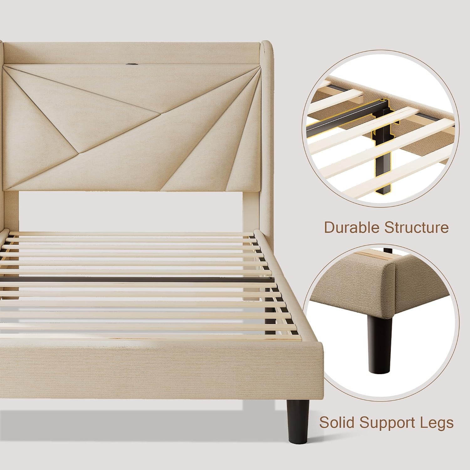 Einhomn Twin Size Upholstered Bed Frame with Charging Station, Platform Bed Frame with Storage Headboard, Solid Wood Slats Support, No Box Spring Needed, Beige