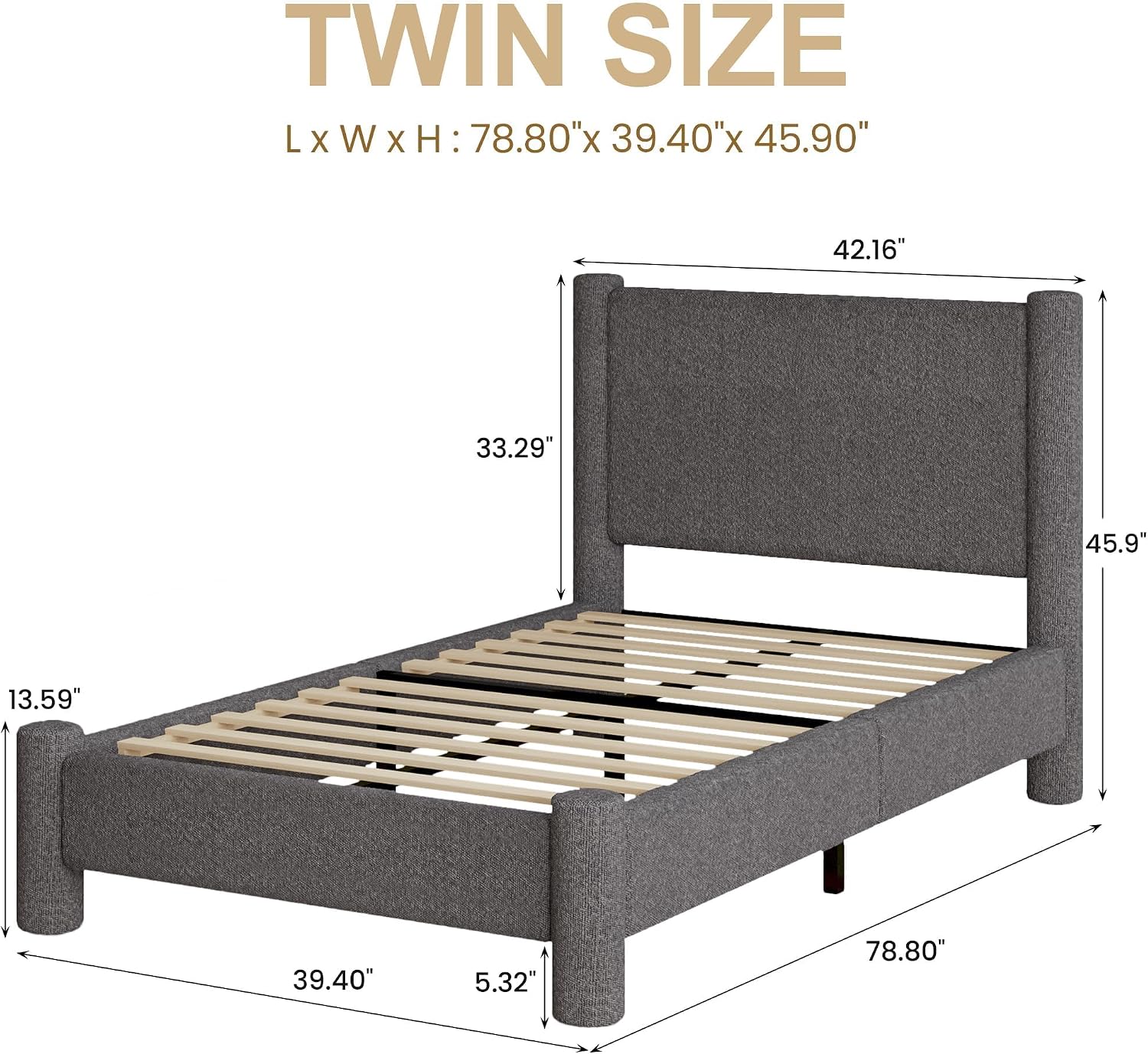 REVOMINCA Twin Size Bed Frame, Boucle Upholstered Platform Bed with Headboard and Footboard, Soft Rounded Corners, No Box Spring Required, Easy Assembly, Dark Grey