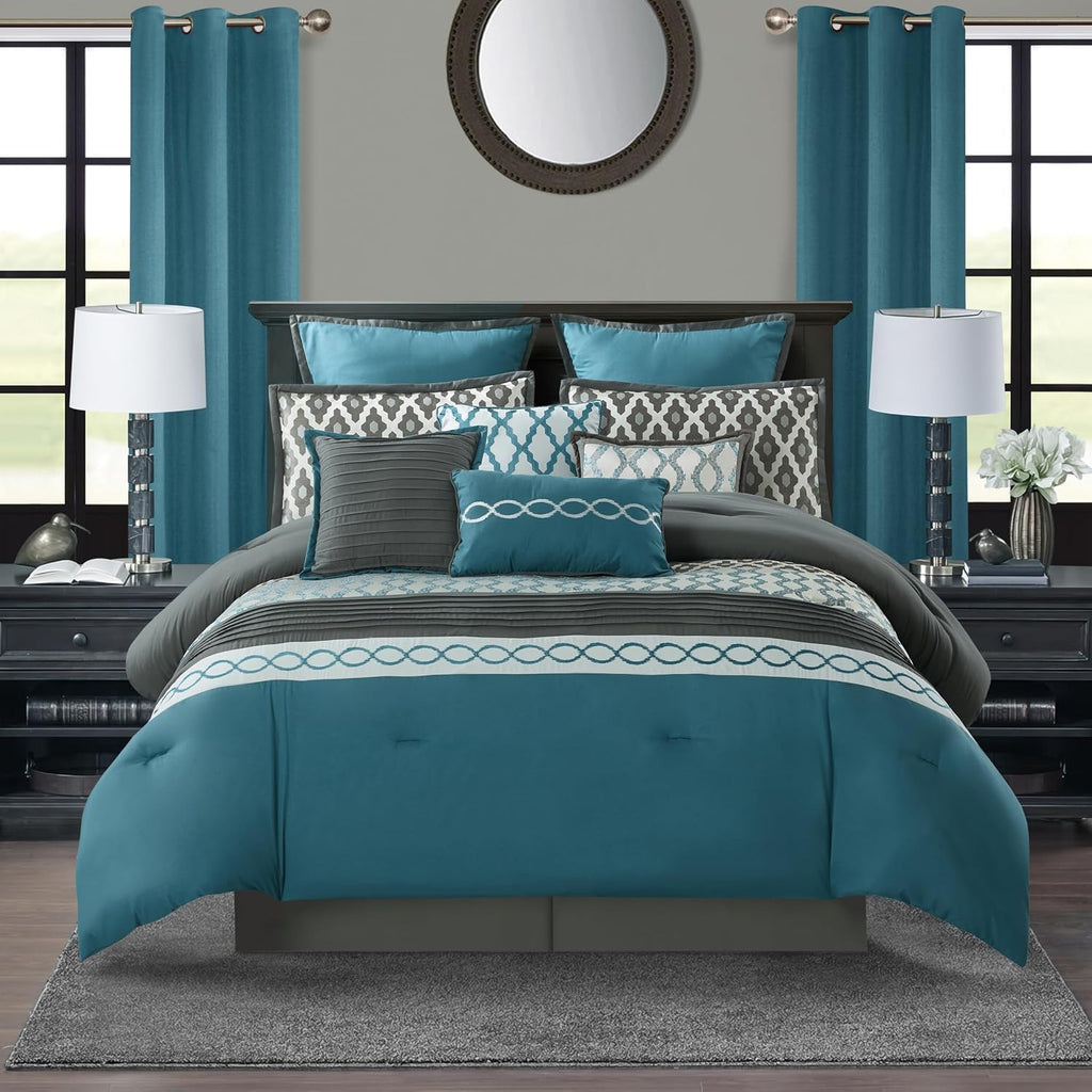 Stratford Park Geometirc King Blue Comforter Set, 12 Piece, Jacquard Bedding Comforters & Sets, Bedskirt, Pillows, Euro Shams & CurtainsUltra-Soft