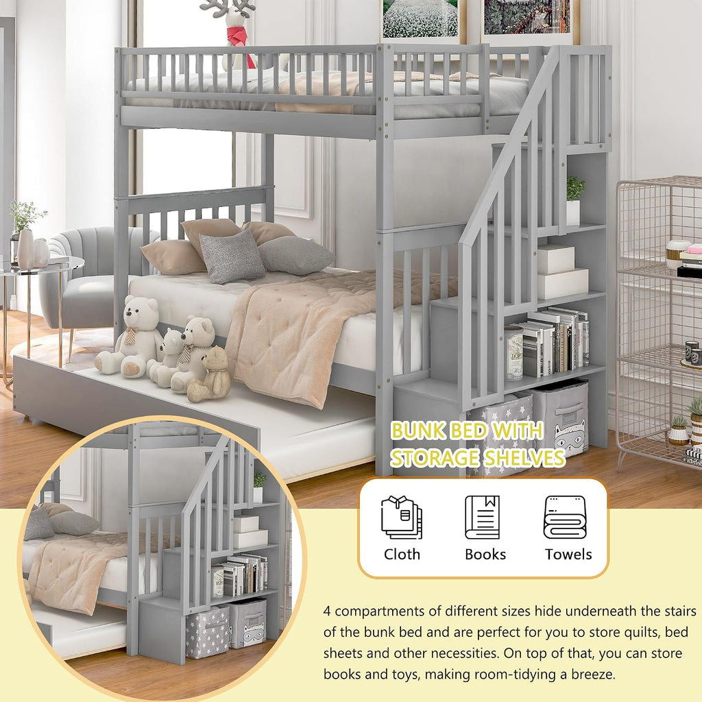 Harper & Bright Designs Twin-Over-Twin Bunk Bed with Trundle and Storage Staircase, Solid Wood 3 in 1 Stairway Bunk Bed with Trundle