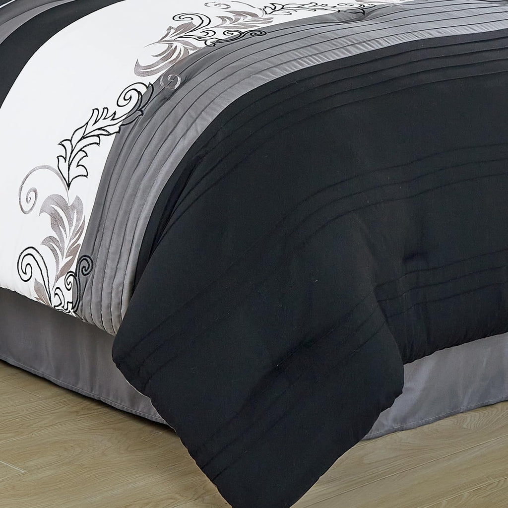 Chezmoi Collection Napa 7-Piece Luxury Leaves Scroll Embroidery Bedding Comforter Set (King, Black/Gray/White)