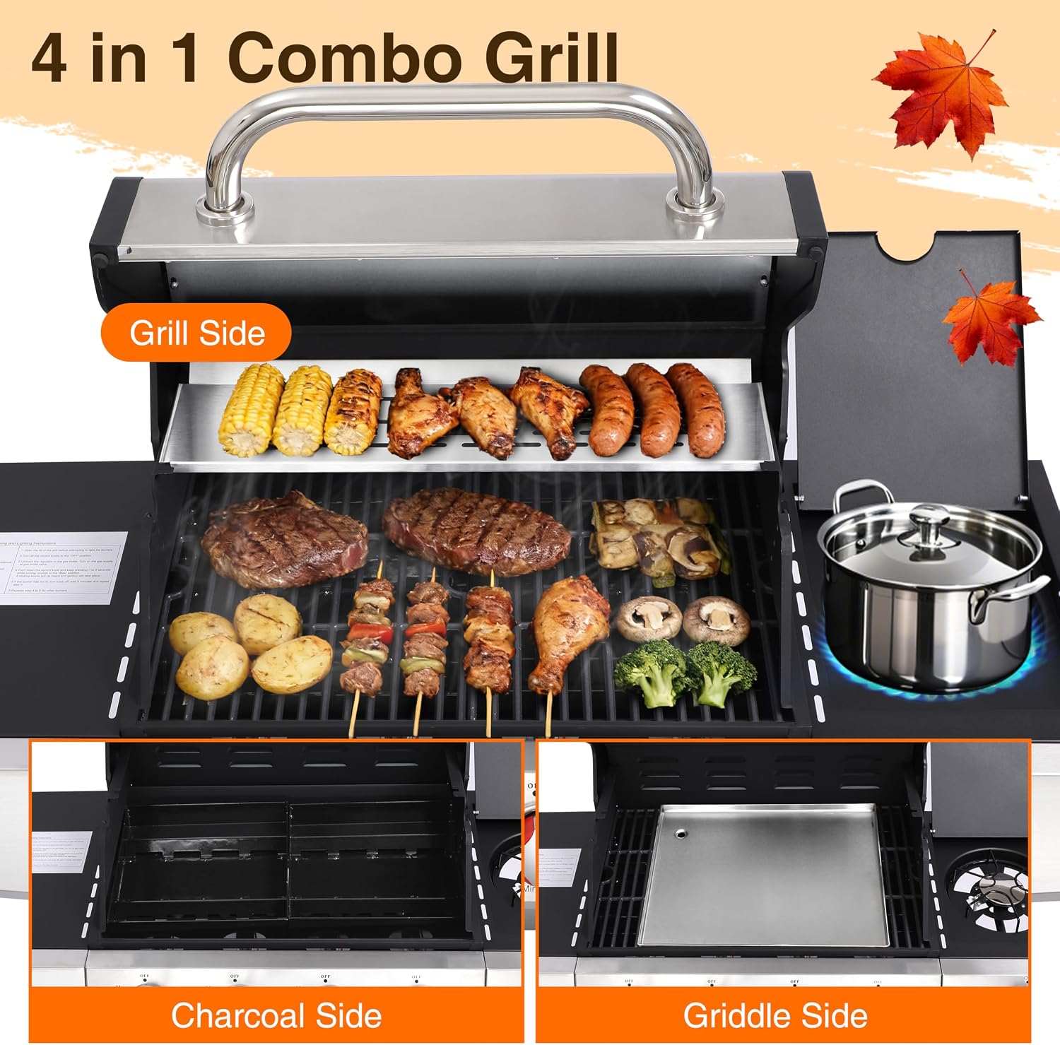 4-in-1 Propane & Charcoal Grill Combo, 4-Burner Gas Griddle with Side Burner, Cast Iron Grates, Outdoor BBQ for Patio & Backyard