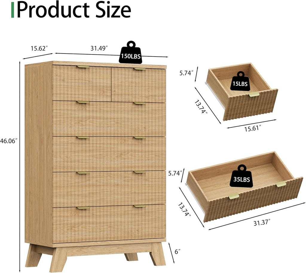 Fluted Dresser for Bedroom with 6 Drawers, 46' Tall Modern Chest of Drawers with Metal Handle, Wooden Dresser TV Stand, Wood Closet Clothes Storage Organizer for Living Room, Hallway, Natural Oak
