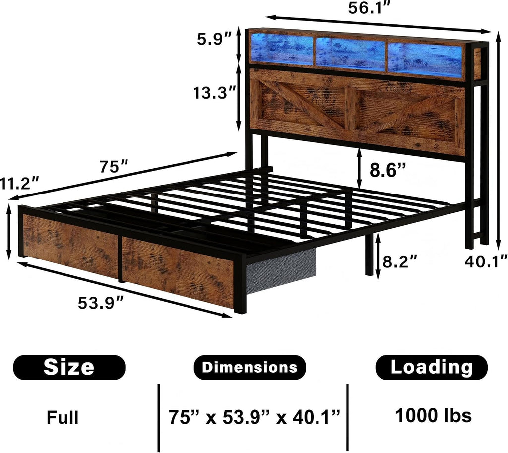 Farmhouse Full Bed Frame with Bookcase Headboard and Storage Drawers, LED Lights and Charging Station, No Box Spring Needed, Noise Free, Rustic Brown