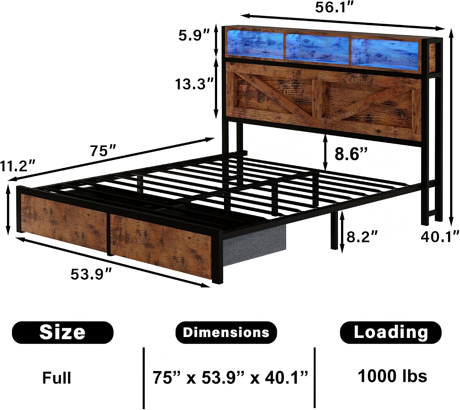 Farmhouse Full Bed Frame with Bookcase Headboard and Storage Drawers, LED Lights and Charging Station, No Box Spring Needed, Noise Free, Rustic Brown