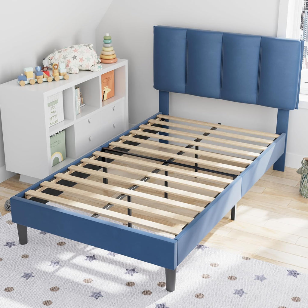 VECELO Twin Size Bed Frame with Upholstered Headboard, Heavy-Duty Bedframe with Wooden Slats & Steel Framework, Easy Assembly, Dark Blue